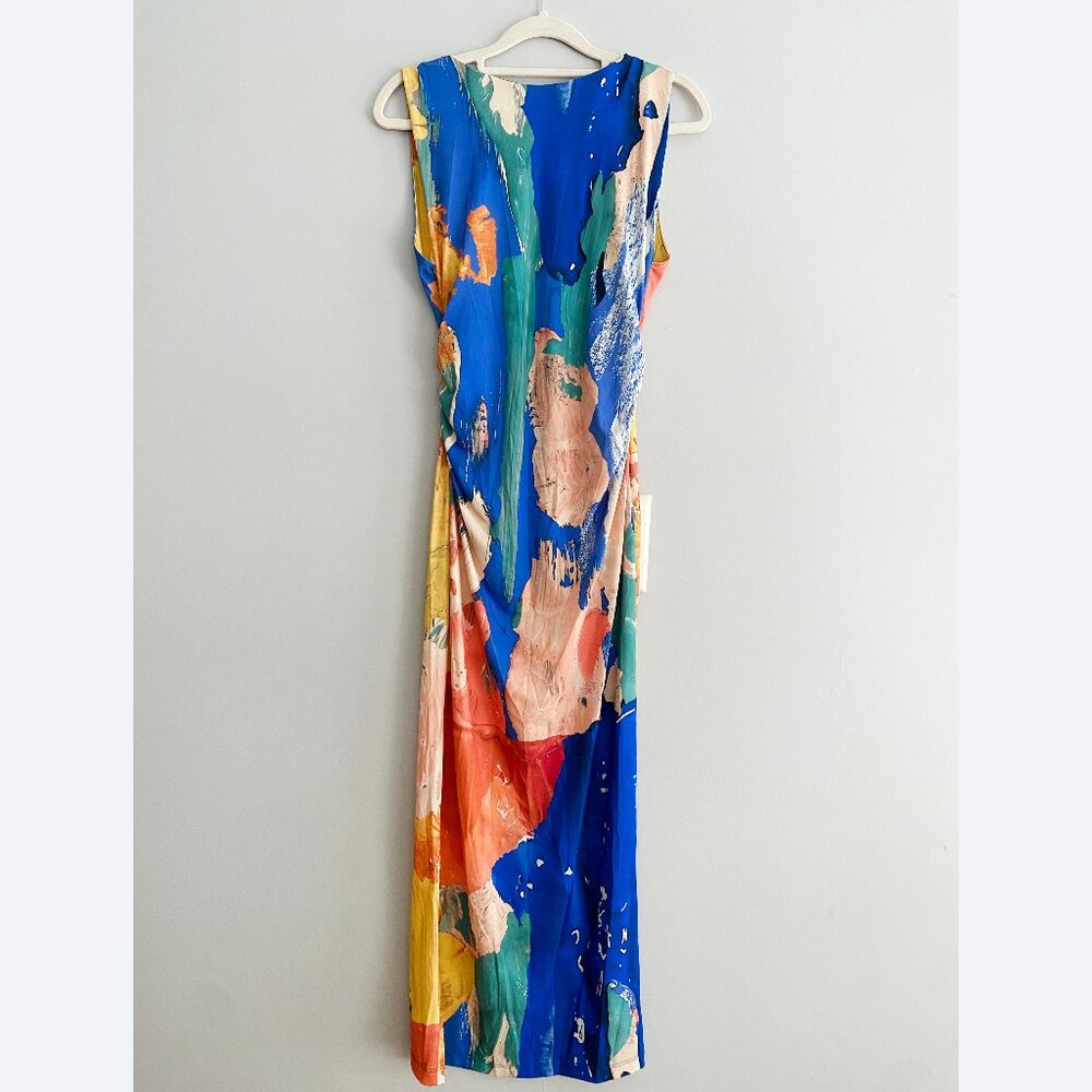 Abstract Printed Sleeveless Midi Dress with Open Back – Bold & Colorful